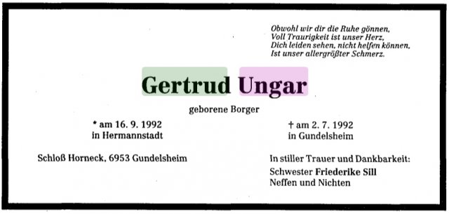 Borger Gertrud 1902-1992 Todesanzeige
